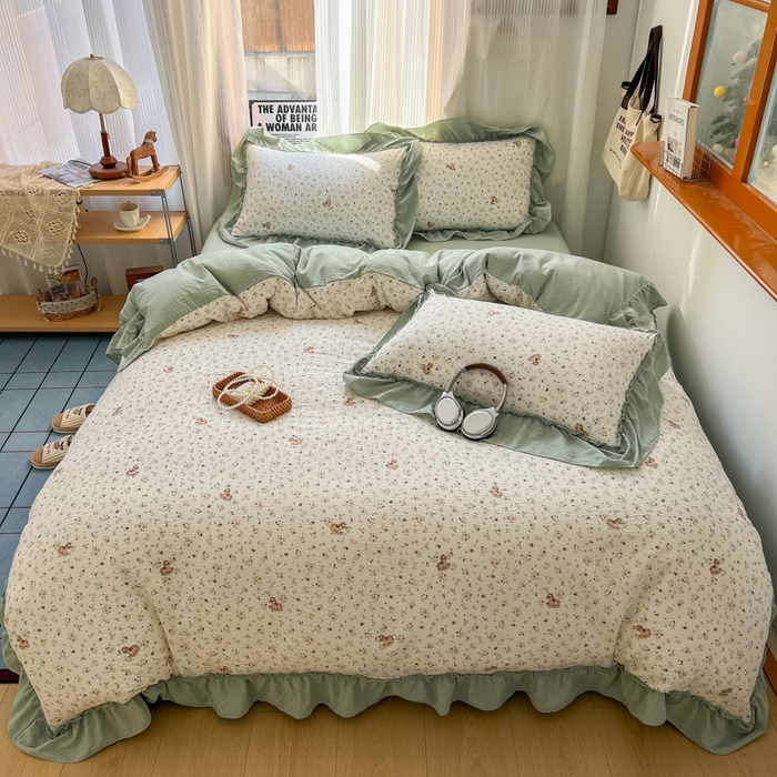 91家纺网 家纺一手货源 找家纺 2026新款泡芙纱花边四件套 春和