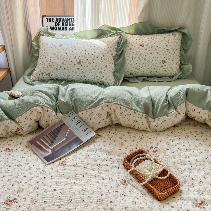 91家纺网 家纺一手货源 找家纺 2026新款泡芙纱花边四件套 春和