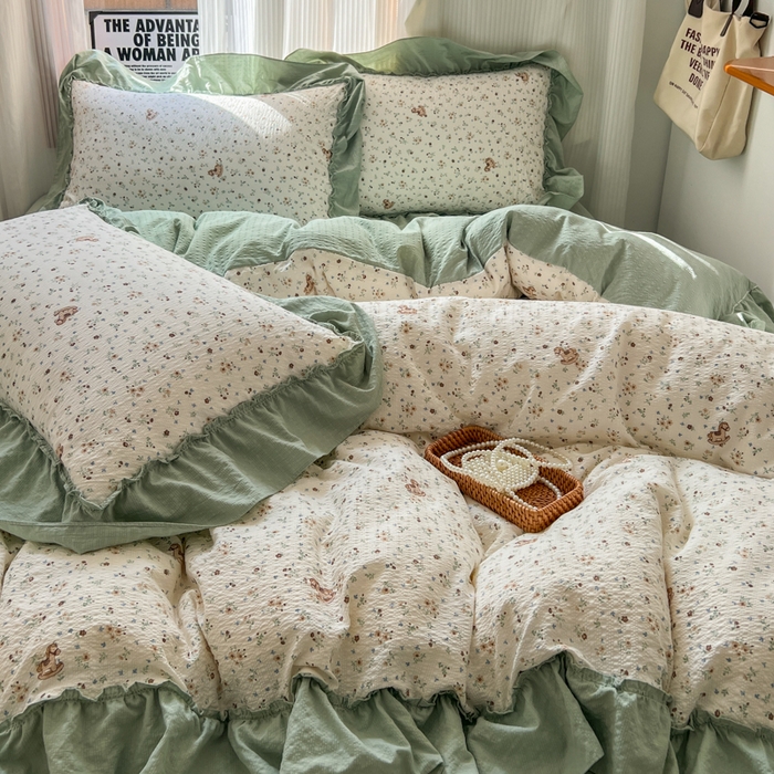 91家纺网 家纺一手货源 找家纺 2026新款泡芙纱花边四件套 春和