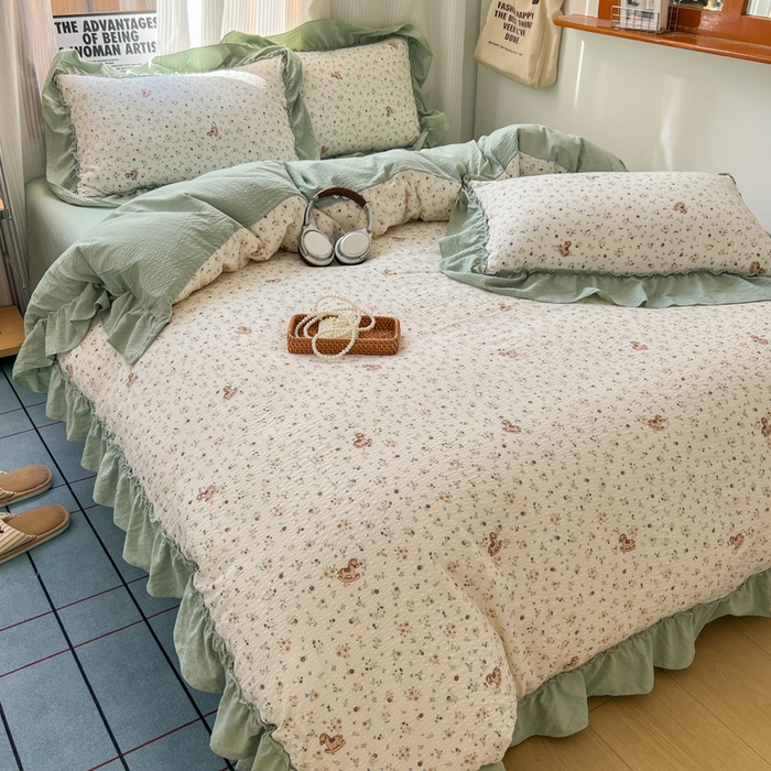 91家纺网 家纺一手货源 找家纺 2026新款泡芙纱花边四件套 春和