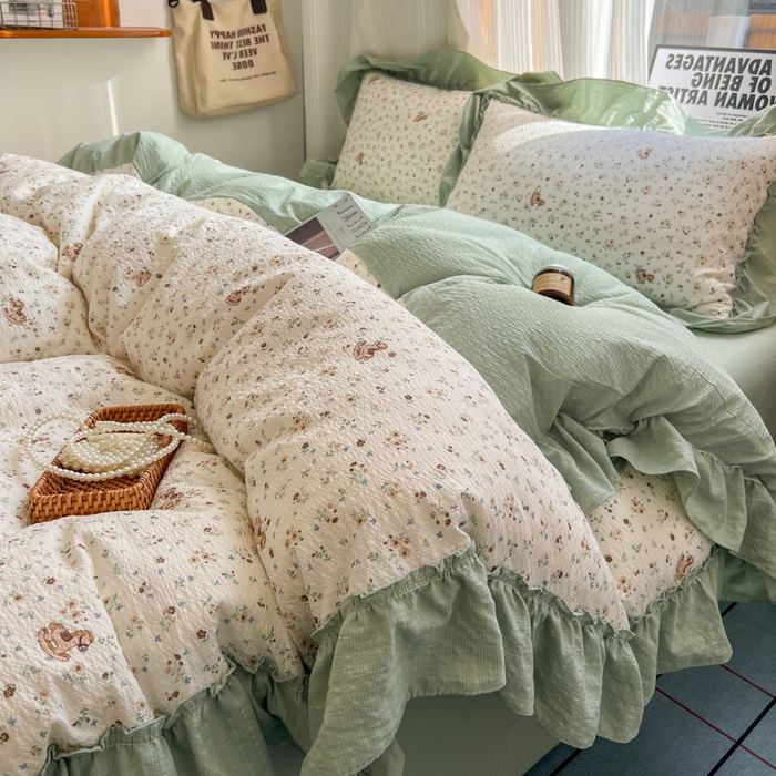 91家纺网 家纺一手货源 找家纺 2026新款泡芙纱花边四件套 春和