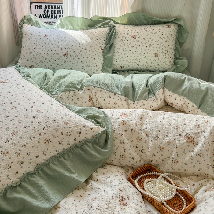 91家纺网 家纺一手货源 找家纺 2026新款泡芙纱花边四件套 春和