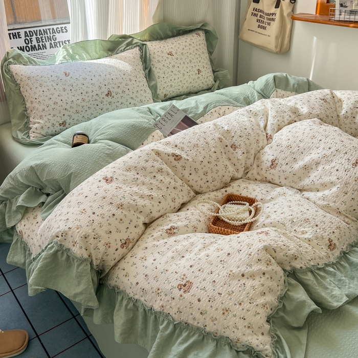 91家纺网 家纺一手货源 找家纺 2026新款泡芙纱花边四件套 春和