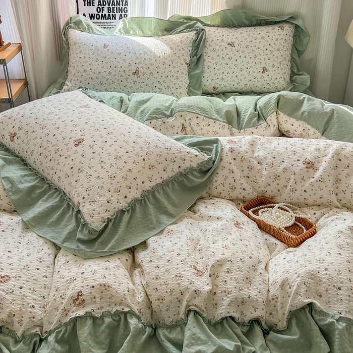 91家纺网 家纺一手货源 找家纺 2026新款泡芙纱花边四件套 春和