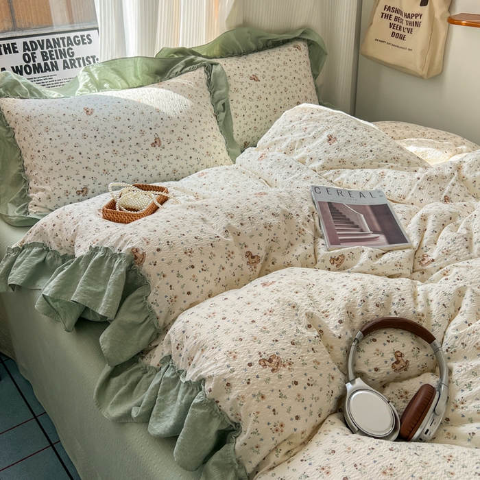 91家纺网 家纺一手货源 找家纺 2026新款泡芙纱花边四件套 春和