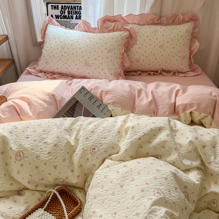 91家纺网 家纺一手货源 找家纺 2026新款泡芙纱花边四件套 暖心