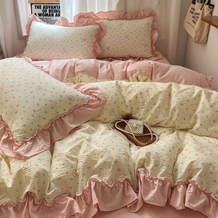 91家纺网 家纺一手货源 找家纺 2026新款泡芙纱花边四件套 暖心