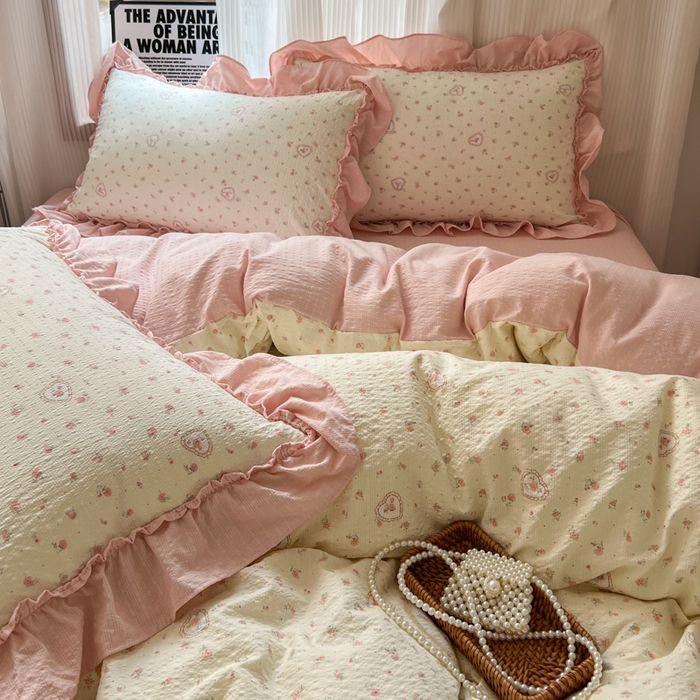 91家纺网 家纺一手货源 找家纺 2026新款泡芙纱花边四件套 暖心