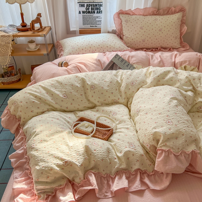 91家纺网 家纺一手货源 找家纺 2026新款泡芙纱花边四件套 暖心