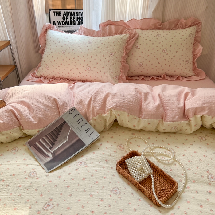 91家纺网 家纺一手货源 找家纺 2026新款泡芙纱花边四件套 暖心