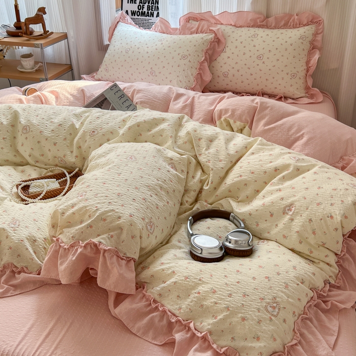 91家纺网 家纺一手货源 找家纺 2026新款泡芙纱花边四件套 暖心