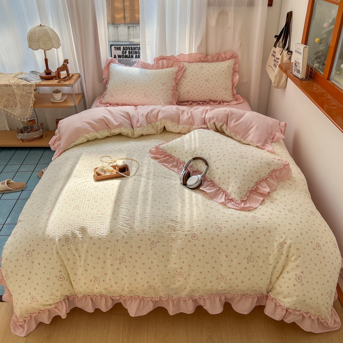 91家纺网 家纺一手货源 找家纺 2026新款泡芙纱花边四件套 暖心