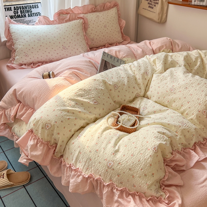 91家纺网 家纺一手货源 找家纺 2026新款泡芙纱花边四件套 暖心