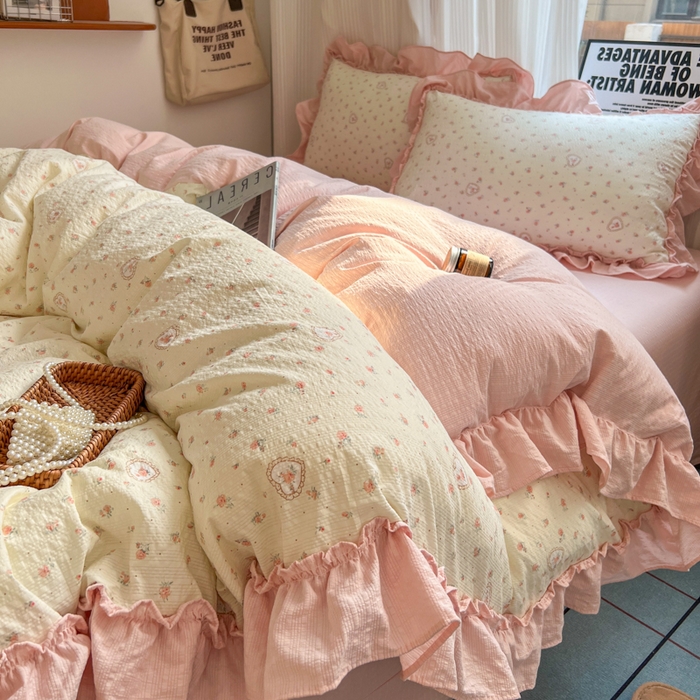 91家纺网 家纺一手货源 找家纺 2026新款泡芙纱花边四件套 暖心