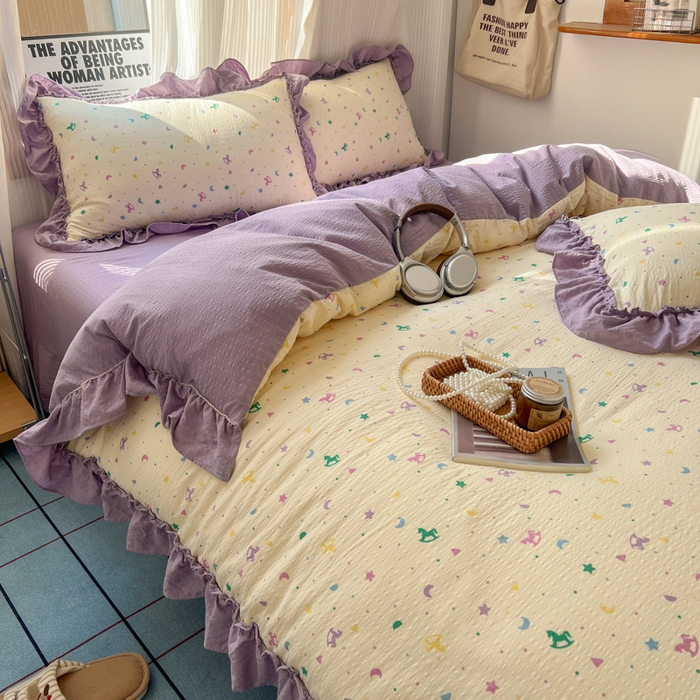 91家纺网 家纺一手货源 找家纺 2026新款泡芙纱花边四件套 木马