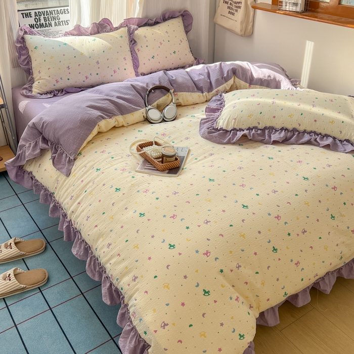 91家纺网 家纺一手货源 找家纺 2026新款泡芙纱花边四件套 木马