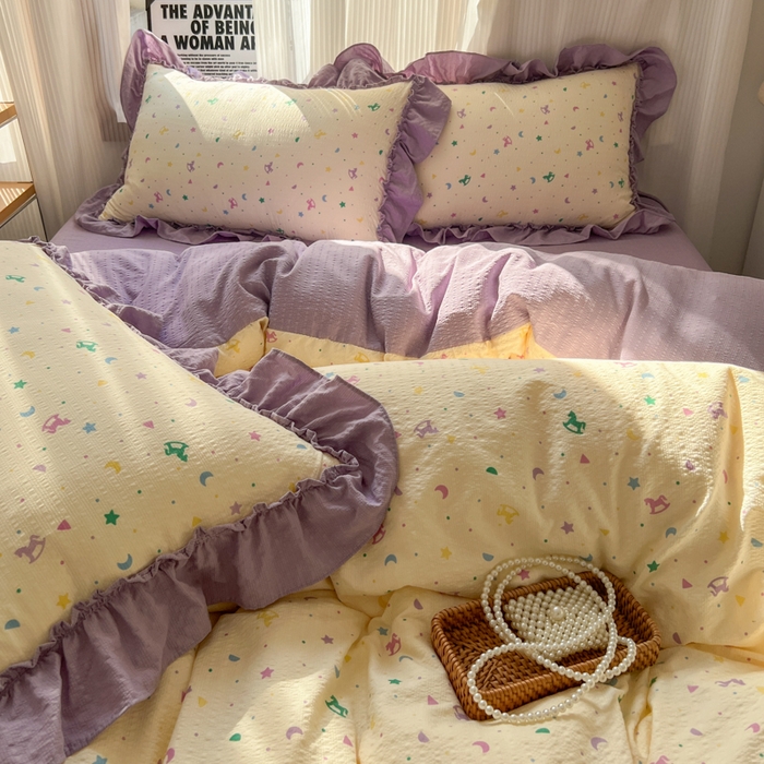 91家纺网 家纺一手货源 找家纺 2026新款泡芙纱花边四件套 木马