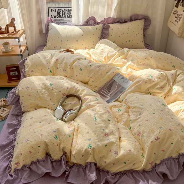 91家纺网 家纺一手货源 找家纺 2026新款泡芙纱花边四件套 木马