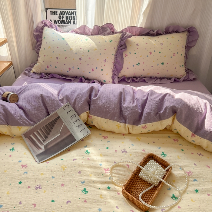 91家纺网 家纺一手货源 找家纺 2026新款泡芙纱花边四件套 木马