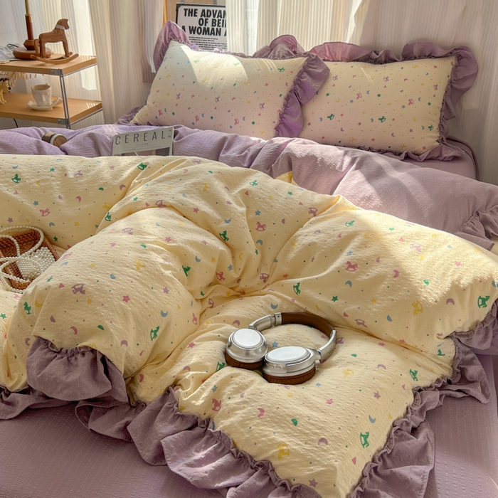 91家纺网 家纺一手货源 找家纺 2026新款泡芙纱花边四件套 木马