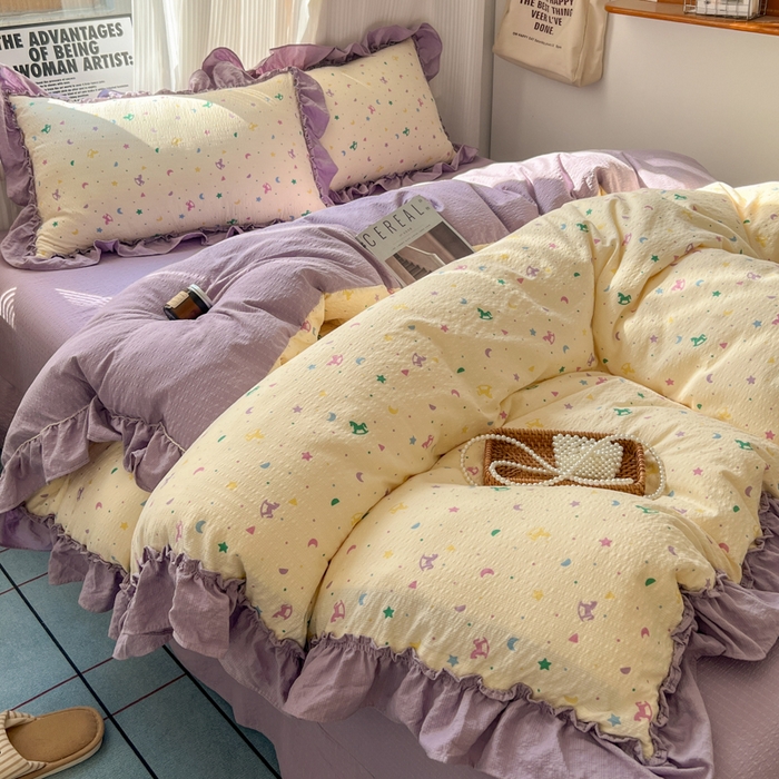 91家纺网 家纺一手货源 找家纺 2026新款泡芙纱花边四件套 木马