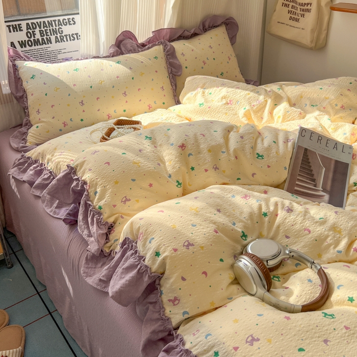 91家纺网 家纺一手货源 找家纺 2026新款泡芙纱花边四件套 木马