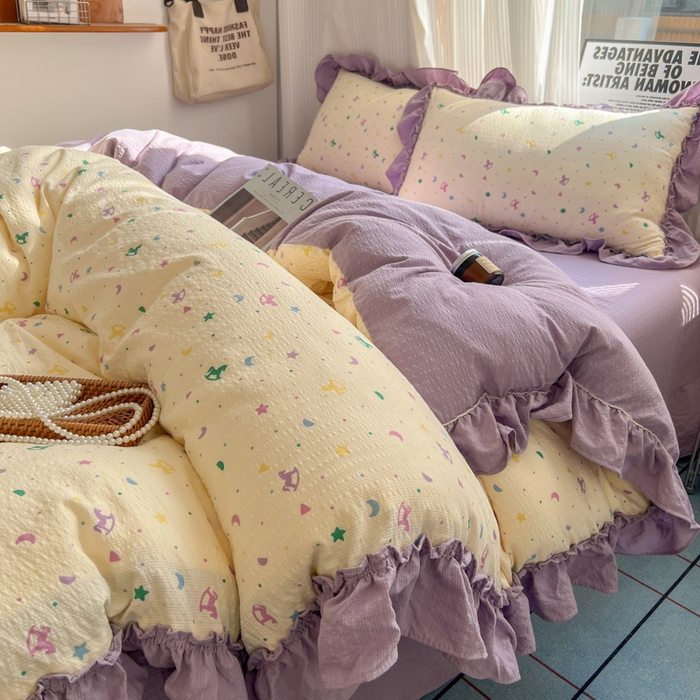 91家纺网 家纺一手货源 找家纺 2026新款泡芙纱花边四件套 木马