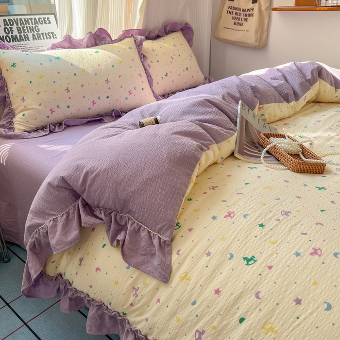 91家纺网 家纺一手货源 找家纺 2026新款泡芙纱花边四件套 木马