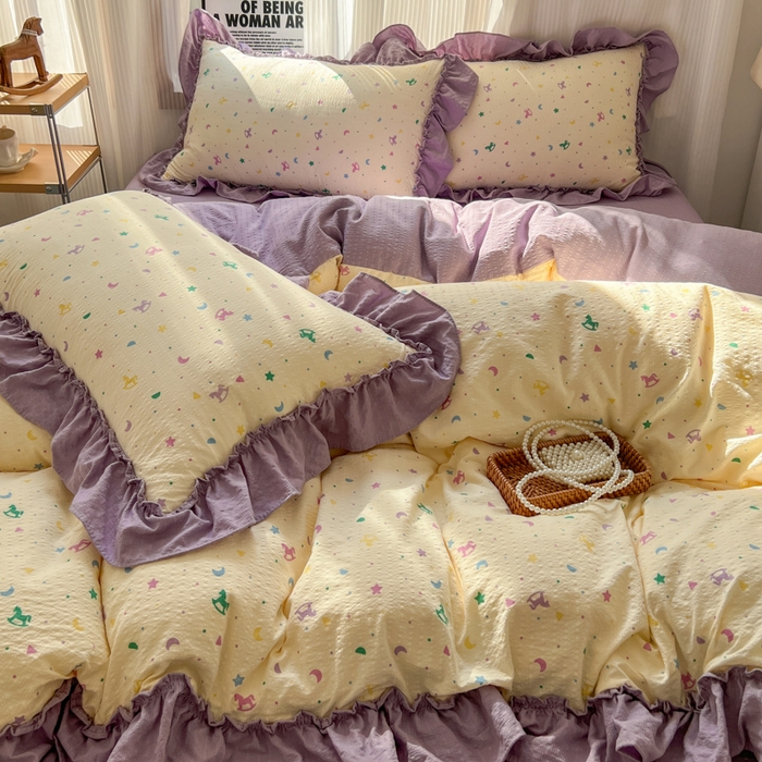 91家纺网 家纺一手货源 找家纺 2026新款泡芙纱花边四件套 木马