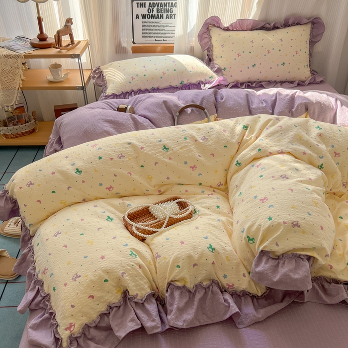 91家纺网 家纺一手货源 找家纺 2026新款泡芙纱花边四件套 木马