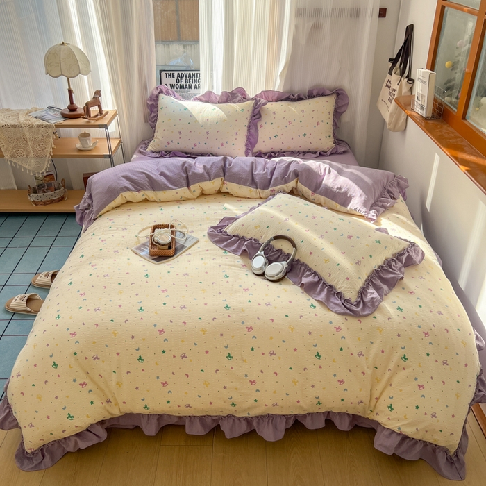 91家纺网 家纺一手货源 找家纺 2026新款泡芙纱花边四件套 木马