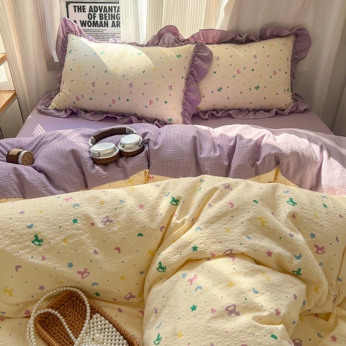 91家纺网 家纺一手货源 找家纺 2026新款泡芙纱花边四件套 木马