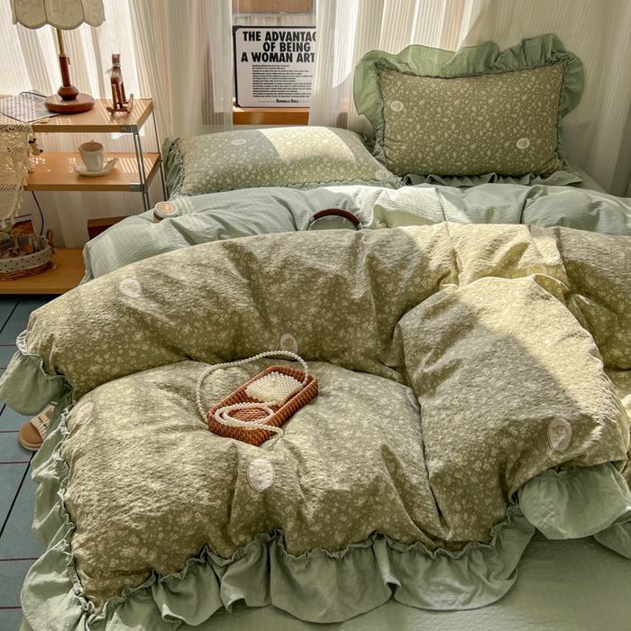 91家纺网 家纺一手货源 找家纺 2026新款泡芙纱花边四件套 梦境