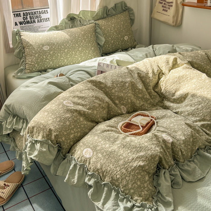 91家纺网 家纺一手货源 找家纺 2026新款泡芙纱花边四件套 梦境