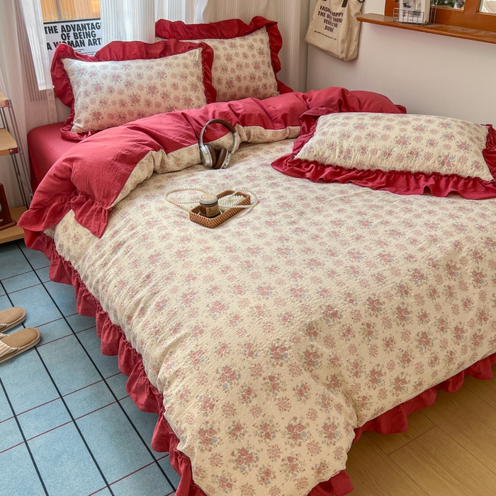 91家纺网 家纺一手货源 找家纺 2026新款泡芙纱花边四件套 梨花落