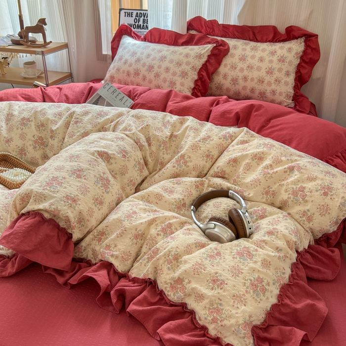 91家纺网 家纺一手货源 找家纺 2026新款泡芙纱花边四件套 梨花落