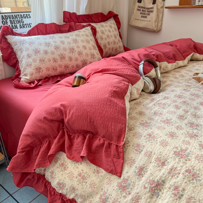 91家纺网 家纺一手货源 找家纺 2026新款泡芙纱花边四件套 梨花落