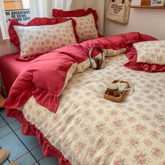 91家纺网 家纺一手货源 找家纺 2026新款泡芙纱花边四件套 梨花落