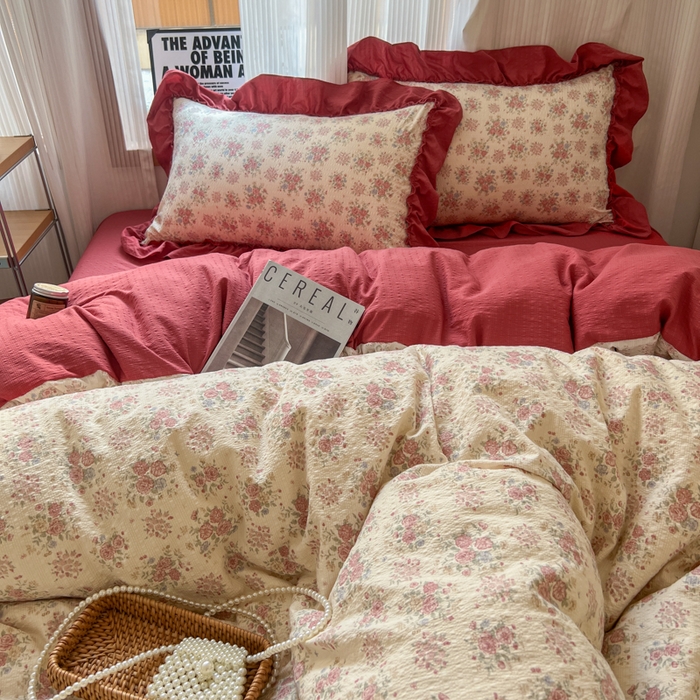 91家纺网 家纺一手货源 找家纺 2026新款泡芙纱花边四件套 梨花落