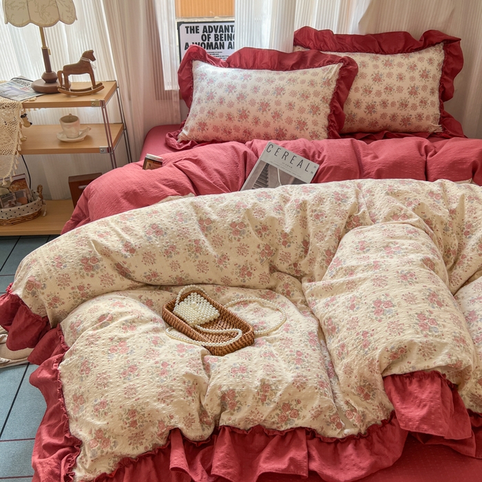 91家纺网 家纺一手货源 找家纺 2026新款泡芙纱花边四件套 梨花落