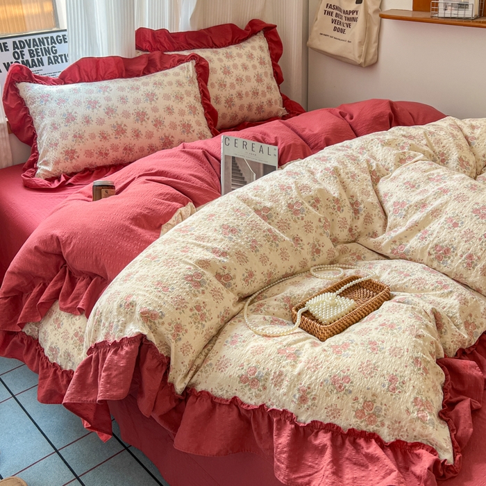 91家纺网 家纺一手货源 找家纺 2026新款泡芙纱花边四件套 梨花落