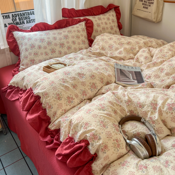 91家纺网 家纺一手货源 找家纺 2026新款泡芙纱花边四件套 梨花落