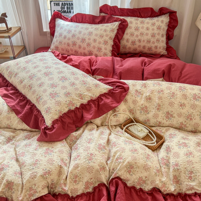 91家纺网 家纺一手货源 找家纺 2026新款泡芙纱花边四件套 梨花落