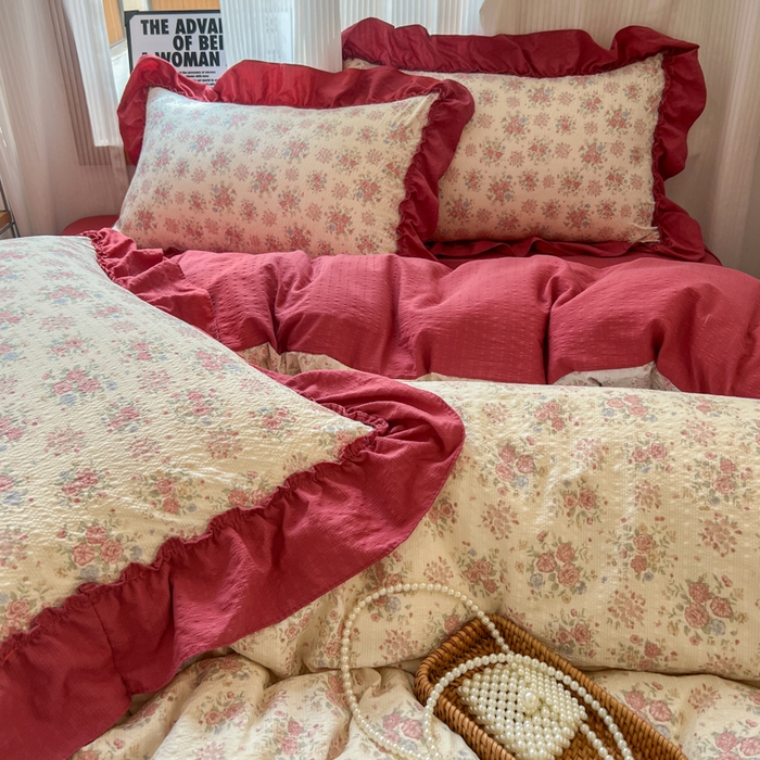 91家纺网 家纺一手货源 找家纺 2026新款泡芙纱花边四件套 梨花落