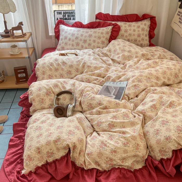 91家纺网 家纺一手货源 找家纺 2026新款泡芙纱花边四件套 梨花落