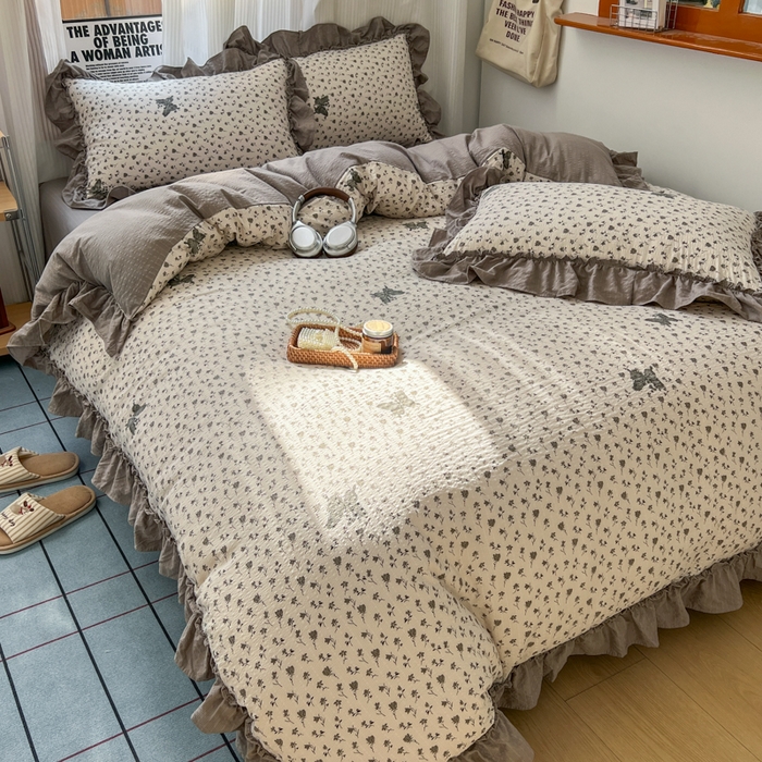 91家纺网 家纺一手货源 找家纺 2026新款泡芙纱花边四件套 碟舞