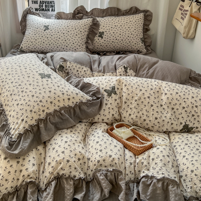 91家纺网 家纺一手货源 找家纺 2026新款泡芙纱花边四件套 碟舞