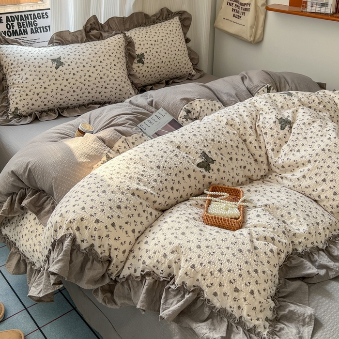 91家纺网 家纺一手货源 找家纺 2026新款泡芙纱花边四件套 碟舞