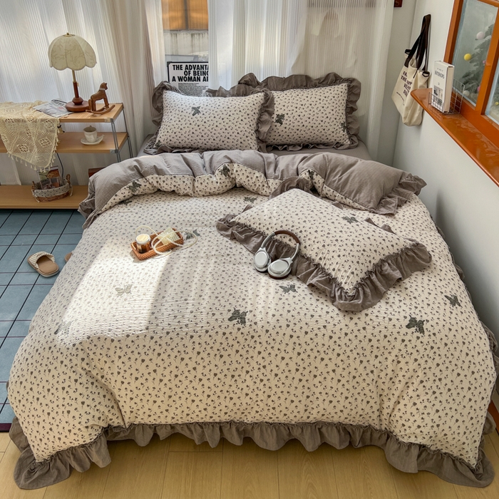 91家纺网 家纺一手货源 找家纺 2026新款泡芙纱花边四件套 碟舞