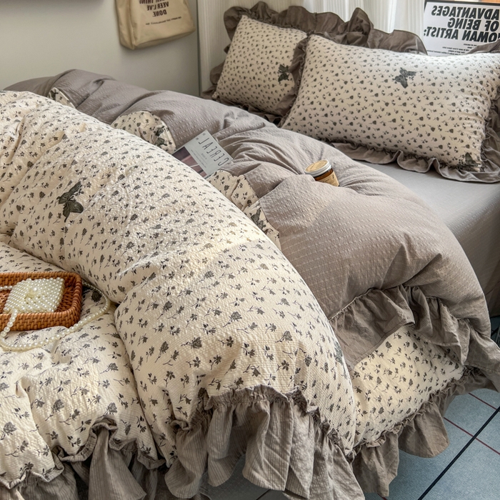 91家纺网 家纺一手货源 找家纺 2026新款泡芙纱花边四件套 碟舞